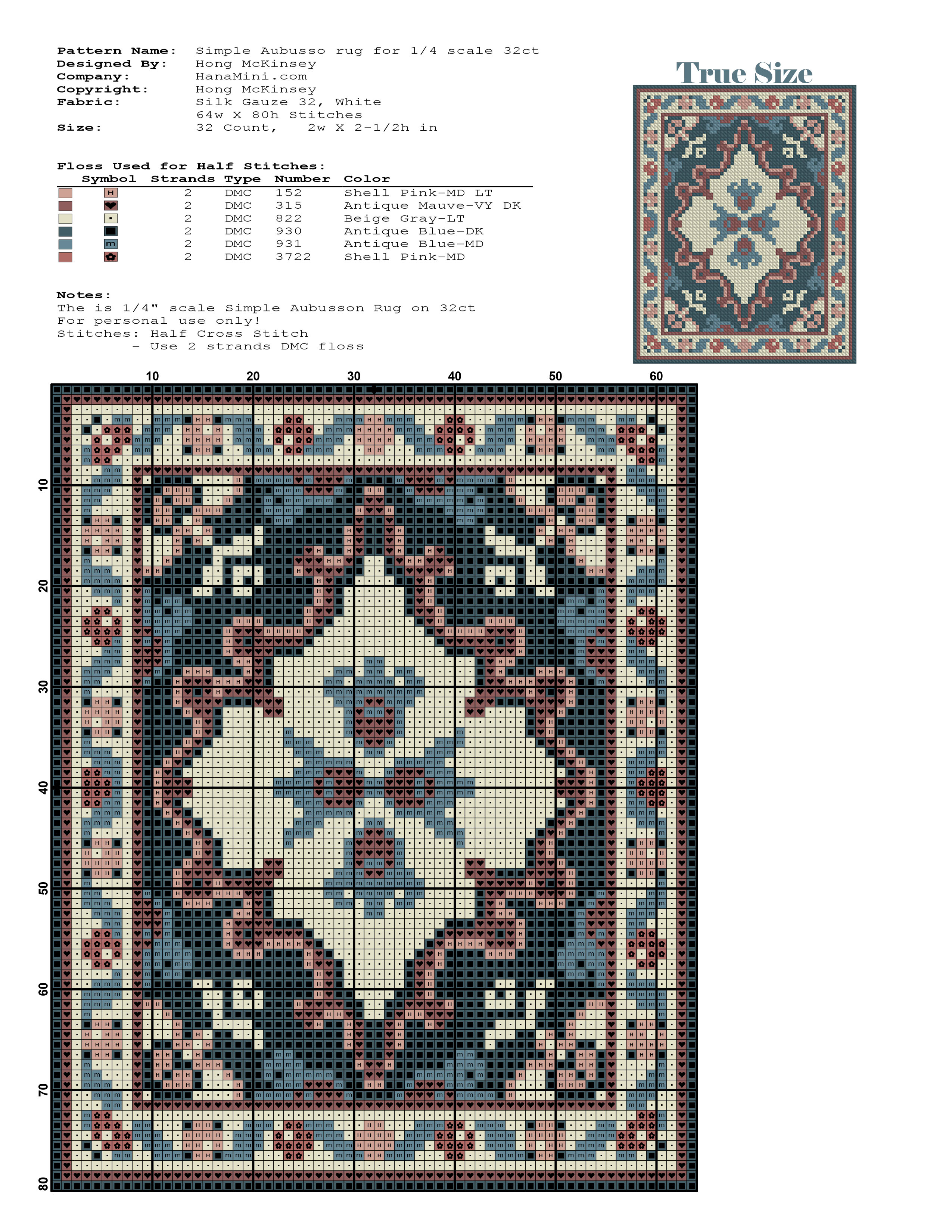 1/4" Scale Simple French style Aubusson Rug Pattern - Blue - Click Image to Close